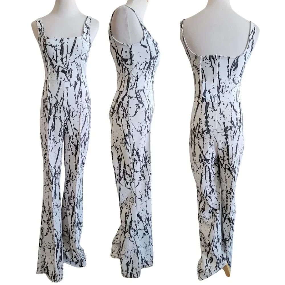 Misguided Black & White Marbled Print Square Neck Jumpsuit
